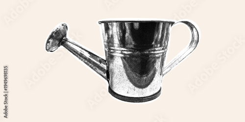 A metal watering can on a light background. Trendy halftone collage. Vintage garden tool for plant care and watering. Classic equipment for gardening, agriculture, homesteading, and spring hobbies.