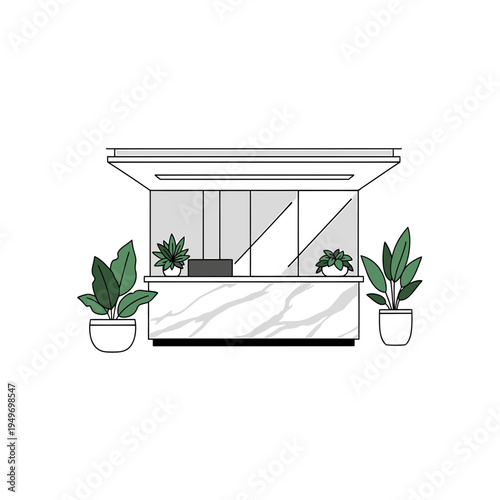 Elegant Reception Desk with Marble Top and Potted Plants vector illustration