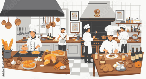 Illustration of chefs preparing food in a commercial kitchen with cooking utensils and ingredients on tables.
