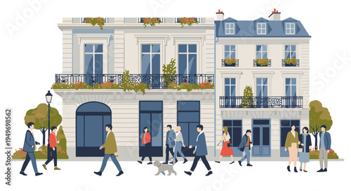 Illustration of people walking on a Parisian street with a white building featuring blue doors and balconies with flowers in a modern, vibrant style.