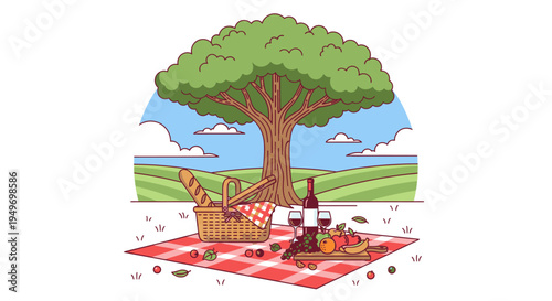Illustration of a picnic setup under a tree on a red and white checkered blanket in a green field with a blue sky and clouds.