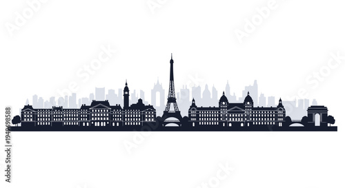 Monochrome silhouette of Paris city skyline with Eiffel Tower and historic buildings against a white background.