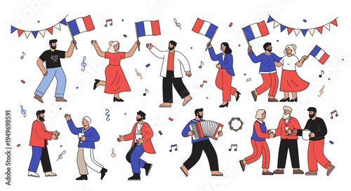 Illustration of diverse people dancing and celebrating with French flags and bunting on a white background with a festive mood.