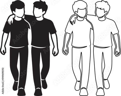 vector illustration of two male friends walking together with arms around shoulders, depicting concepts of friendship, brotherhood, loyalty, and mutual support.