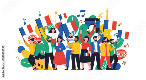 Vibrant illustration of a diverse group of people celebrating with colorful flags and music notes on a white background with a lively and festive mood.
