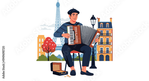Illustration of a man playing an accordion on a bench in Paris with the Eiffel Tower in the background.