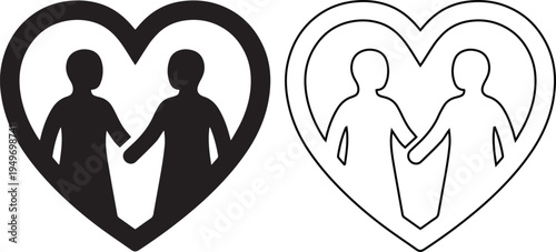 Black and white vector illustration of two people holding hands inside a heart frame, representing romantic love, wedding union, partnership, and emotional connection in a minimalist style.