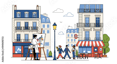 Illustration of a Parisian street scene with a painter at work, people walking, and cafes, featuring colorful buildings and a lamppost in a vibrant, lively atmosphere.