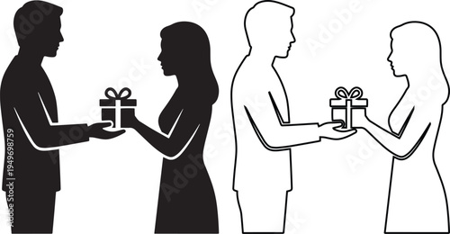man giving a gift box to a woman, featuring minimalist silhouette and outline designs for romance, holidays, and celebration concepts.