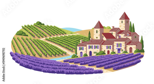 Illustration of a French castle with vineyards and lavender fields in the countryside with a serene and idyllic mood.