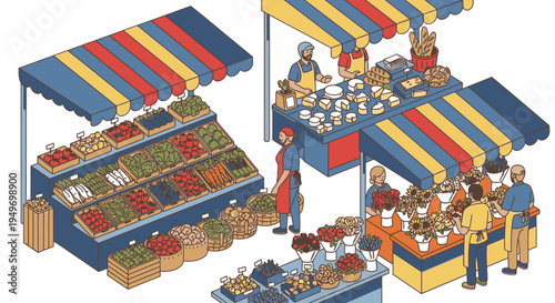 Isometric illustration of a vibrant market scene with people shopping at colorful food stalls with striped awnings.