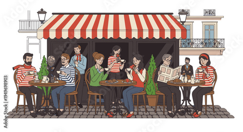 Illustration of a diverse group of people sitting at tables outside a cafe with a red and white striped awning on a city street.