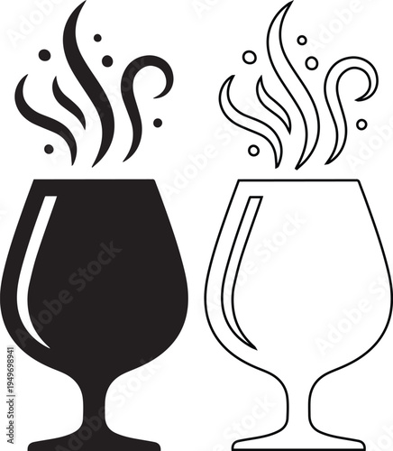 Professional steaming glass vector illustration featuring black silhouette and minimalist line art icons for hot drinks, cognac aroma, herbal tea, and luxury beverage branding concepts.