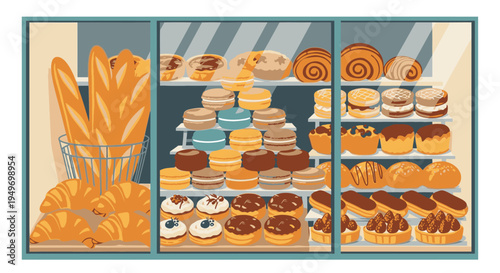 Illustration of assorted baked goods displayed on shelves in a bakery case with pastries and bread.