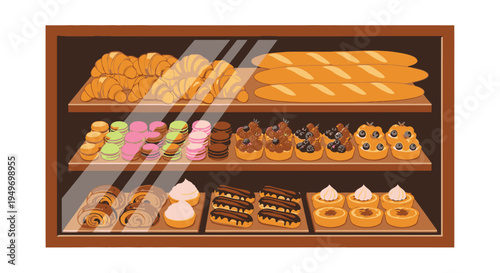 Flat lay illustration of assorted baked goods on wooden shelves against a brown background with a warm color palette.