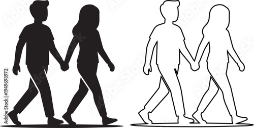 Black and white silhouette vector of a young couple walking while holding hands, featuring a minimalist line art style for romance, dating, relationship concepts, and lifestyle design.