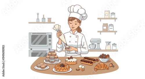 Illustration of a female chef decorating a cake with various pastries and baking equipment in a kitchen with a warm and inviting atmosphere.