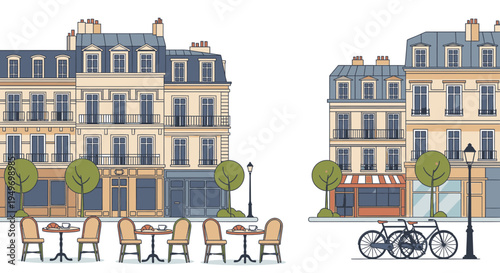 Illustration of a Parisian street scene with outdoor cafe seating and bicycles parked on a quiet urban road with classic buildings.