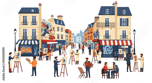 Illustration of people painting and socializing on a vibrant city street with buildings and cafes in a lively, artistic neighborhood scene.