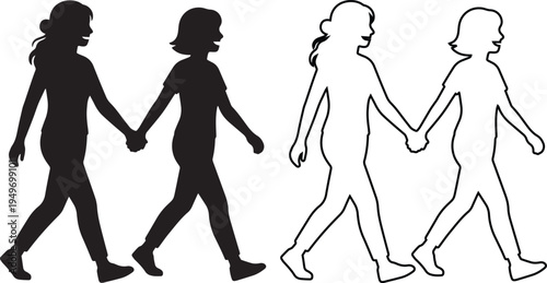 Black and white vector silhouette of two women walking while holding hands, featuring minimalist line art style for friendship, sisterhood, LGBTQ+ pride, and relationship concepts.
