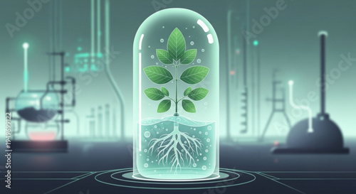 Sprouting plant in a laboratory glass dome with roots and green leaves surrounded by futuristic scientific equipment and beakers in a dimly lit room with a gradient green