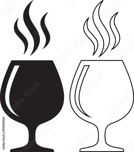 Professional steaming glass vector illustration featuring black silhouette and minimalist line art icons for hot drinks, cognac aroma, herbal tea, and luxury beverage branding concepts.