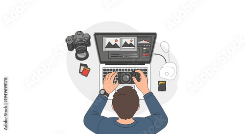 Businessman analyzing data on tablet at desk.