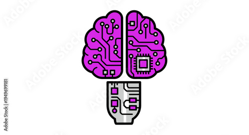 A stylized illustration of a brain with a microchip.