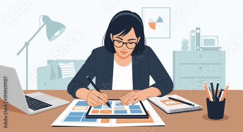 Businessman analyzing data on tablet at desk.