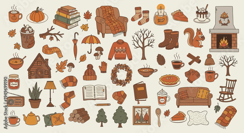 Autumnal cozy illustration fireplace books pumpkin and warm elements