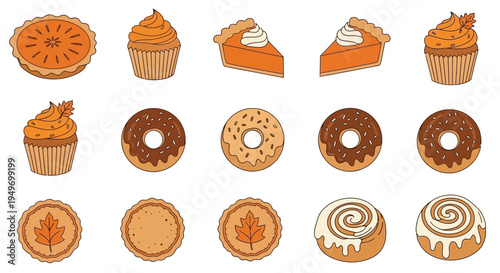 Autumnal dessert collection pies cupcakes donuts and cinnamon rolls