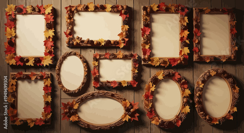 Autumnal frames collection on wooden background for various design purposes