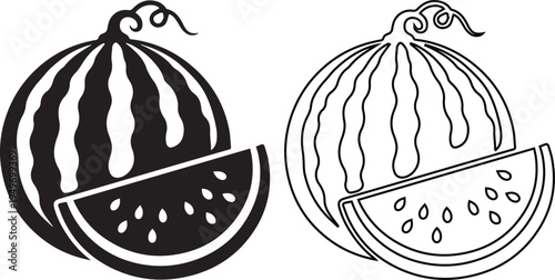Fresh watermelon vector illustration featuring a whole fruit and a sliced wedge with seeds, presented in black silhouette and minimalist line art for summer food and healthy snack designs.