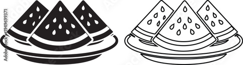 Fresh watermelon slices on a plate vector illustration, featuring black silhouette and minimalist line art icons for summer food, healthy snacks, organic desserts, and fruit nutrition.
