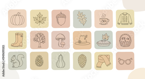 Autumnal icons illustration pumpkin leaf acorn seasonal elements vector