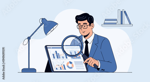 Businessman analyzing data on tablet at desk.