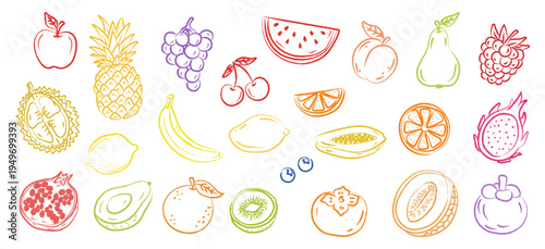 This collection of hand-drawn doodle fruit line drawings is suitable for children's flashcards, journal stickers, and healthy eating brochures. It uses colorful lines to outline various fruits.