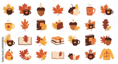 Autumnal vector illustrations leaves acorns books coffee cups and candles
