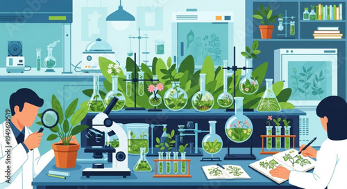 Scientists in laboratory researching plants with microscope and test tubes analyzing green leaves and flowers in beakers