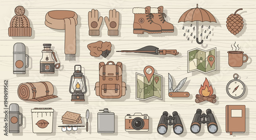 Camping and hiking gear illustration on wooden background