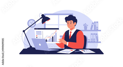 Businessman analyzing data on tablet at desk.