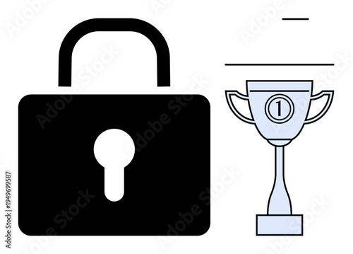 Security concept. A lock icon highlights protection and data security, paired with a trophy achievement and success. Security reinforces trust. Useful for tech, business, safety, reward systems