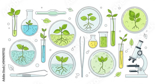 Botanical laboratory equipment with seedlings in petri dishes and test tubes for plant research and experimentation