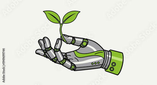 Robot hand holding a green plant.
