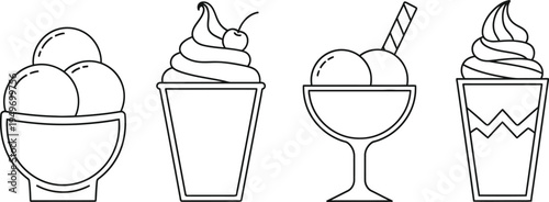 A collection of four simple black and white line art illustrations depicting various ice cream treats