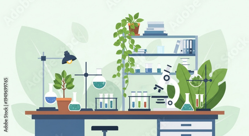 Botanist laboratory workspace with plants beakers and equipment for plant research and experimentation