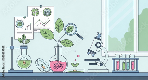 Science lab equipment with plants and microscope on a desk biology research concept with beakers and test tubes