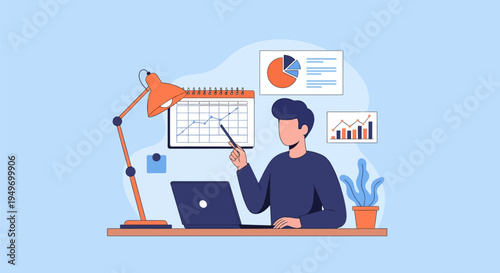 Businessman analyzing data on tablet at desk.