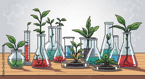 Variety of plants growing in laboratory glassware with colored liquids on a wooden table