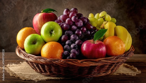 Abundant Harvest - Still Life of Fresh Fruits in Woven Basket, Rustic Charm.